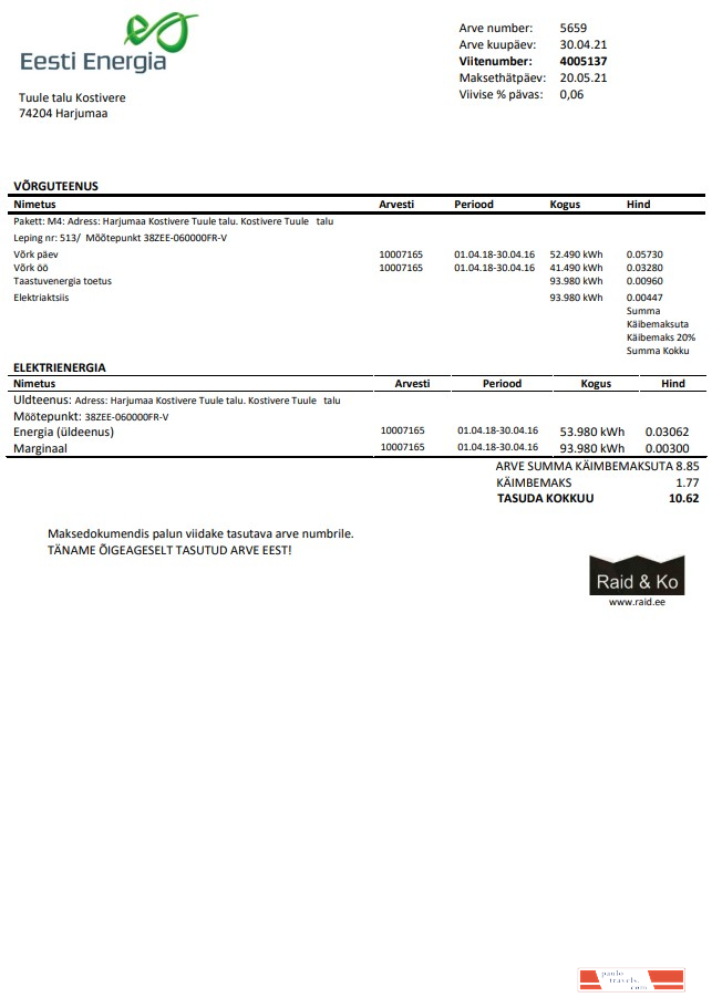 Estonia Eesti Energia electricity utility bill template in Word and PDF format